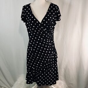 Lauren Ralph Lauren polka Dot Faux Wrap Dress Black White Ruched Side Ruffle  14